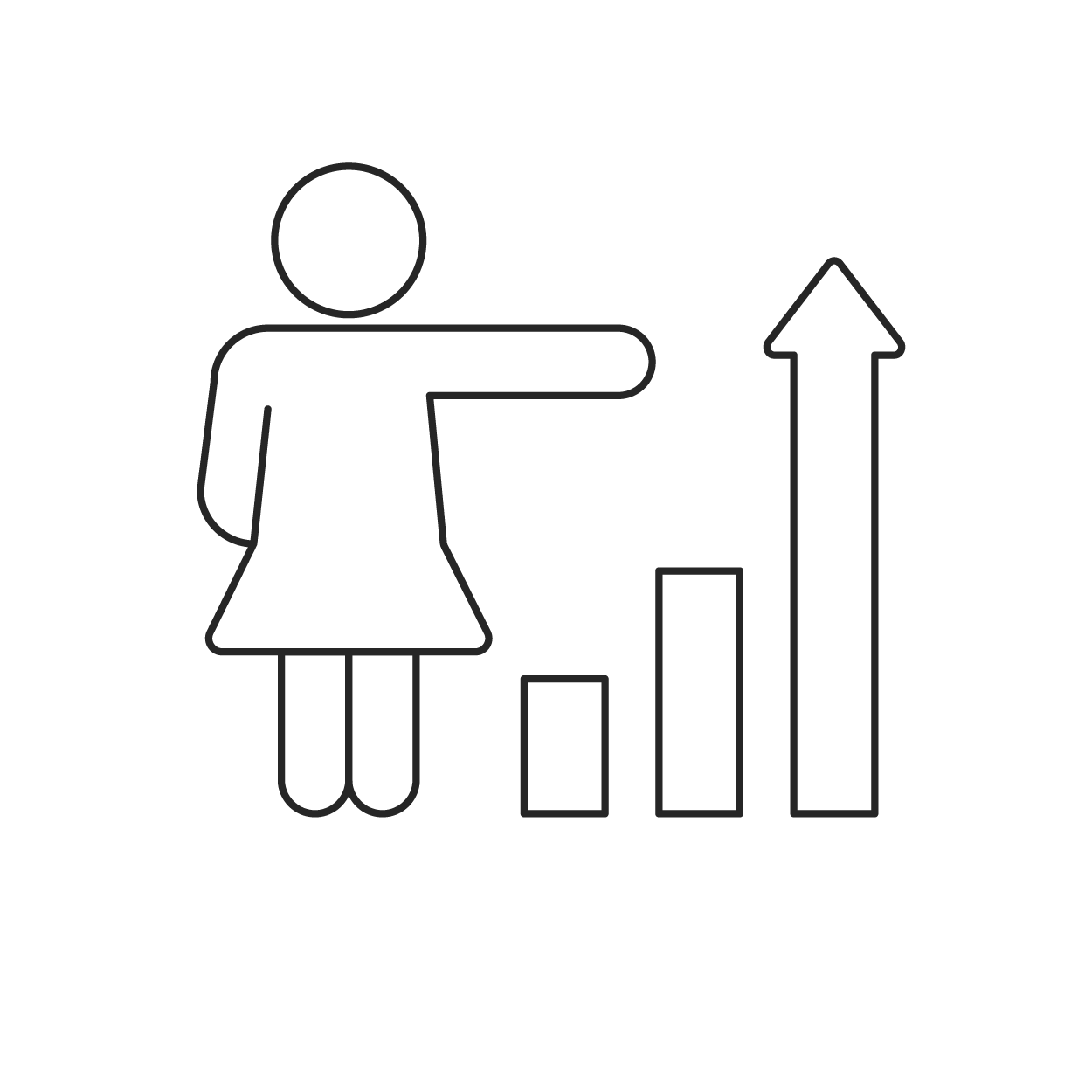 Person pointing at a bar graph with an arrow.