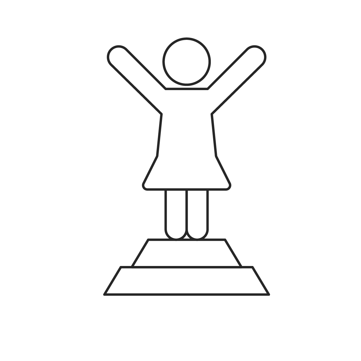 A figure with arms raised, standing on a pedestal.