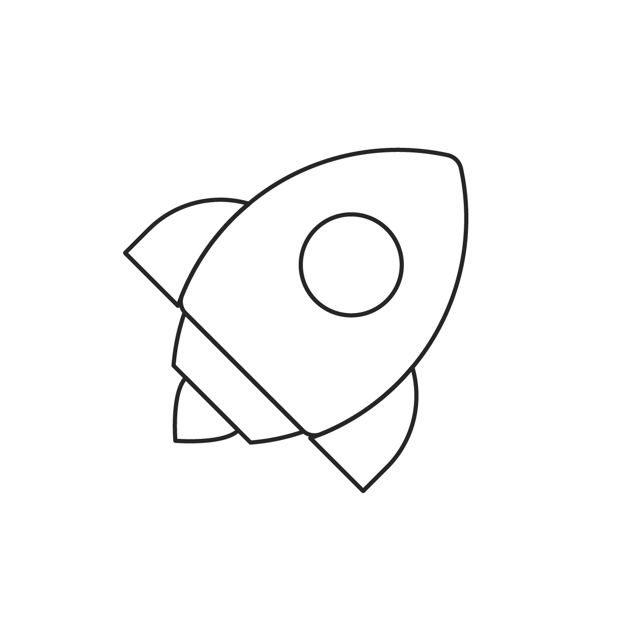 Black and white rocket outline against white background.