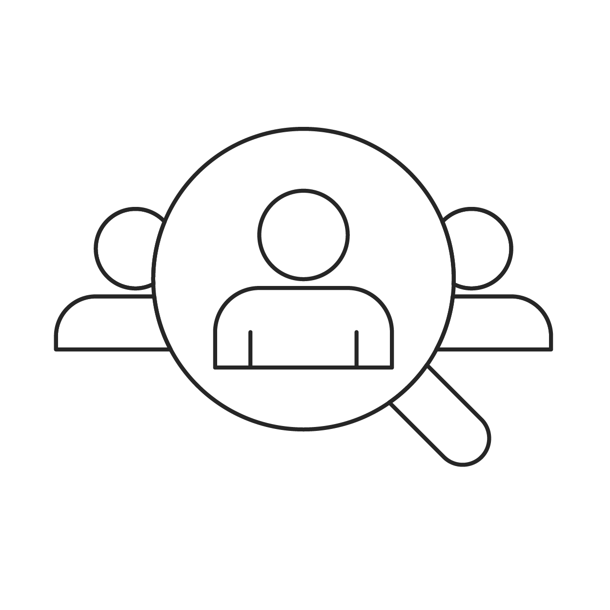 Person icon through a magnifying glass, with other people in background.