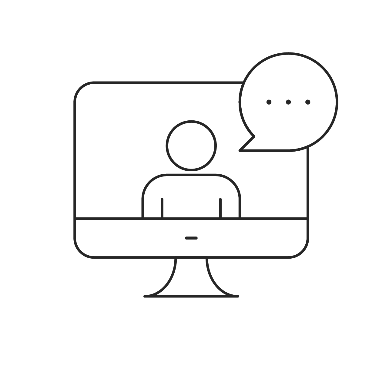 Person on monitor with a speech bubble, video conference concept.