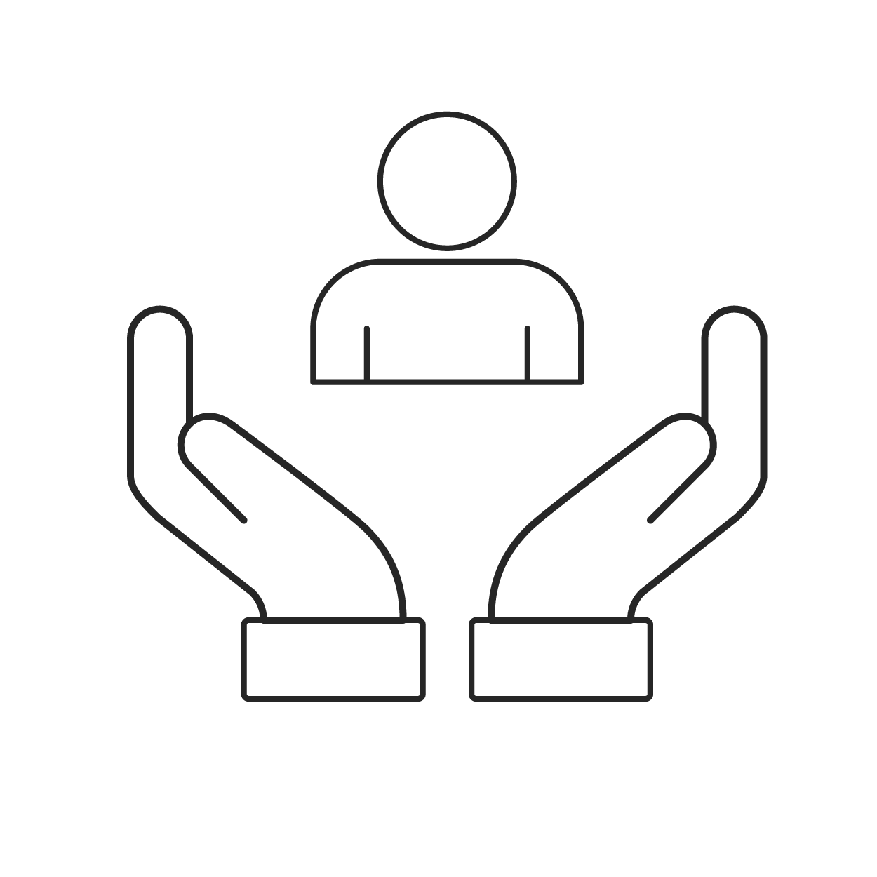 Human figure held in hands, line art.