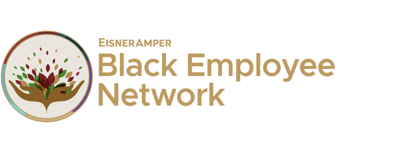 Logo for EisnerAmper's Black Employee Network, gold text and emblem.
