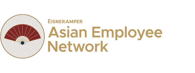 EisnerAmper Asian Employee Network logo with a fan design. Text on a black background.