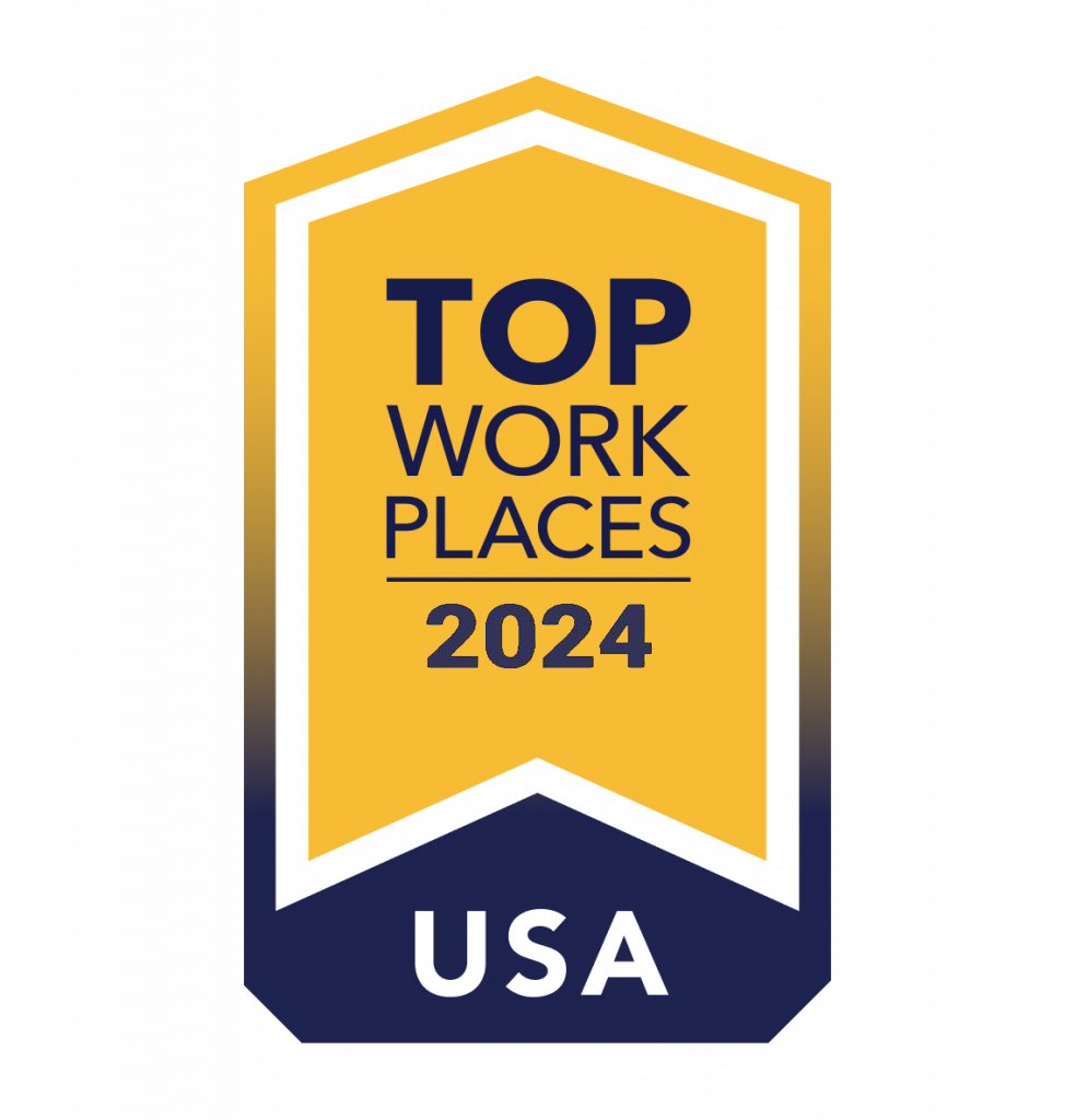 Badge for Top Workplaces 2024 in USA. Yellow and blue with text "Top Work Places 2024 USA".