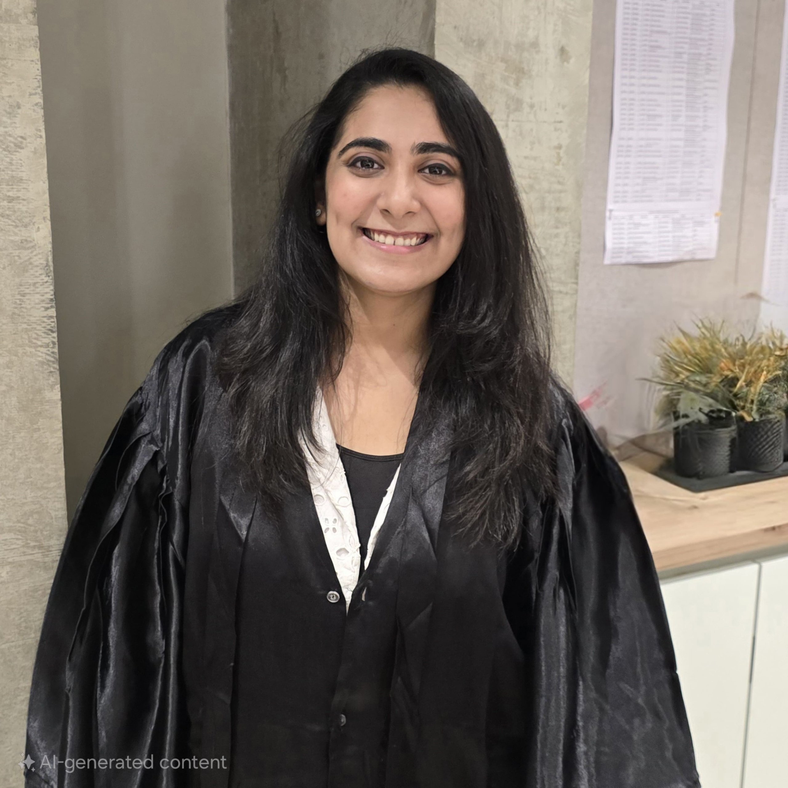 Woman in black robe smiling at camera, black hair.
